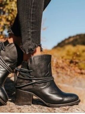 Freebird by Steven Black Leather Wrap-Ankle Boots